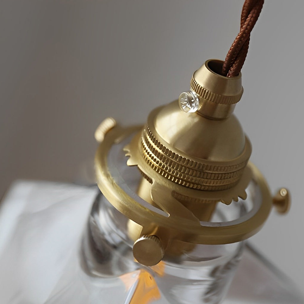Square Transparent Glass Mini Pendant — Brass and Iron, E14, 4"W × 8"H, 59" Adjustable Wire