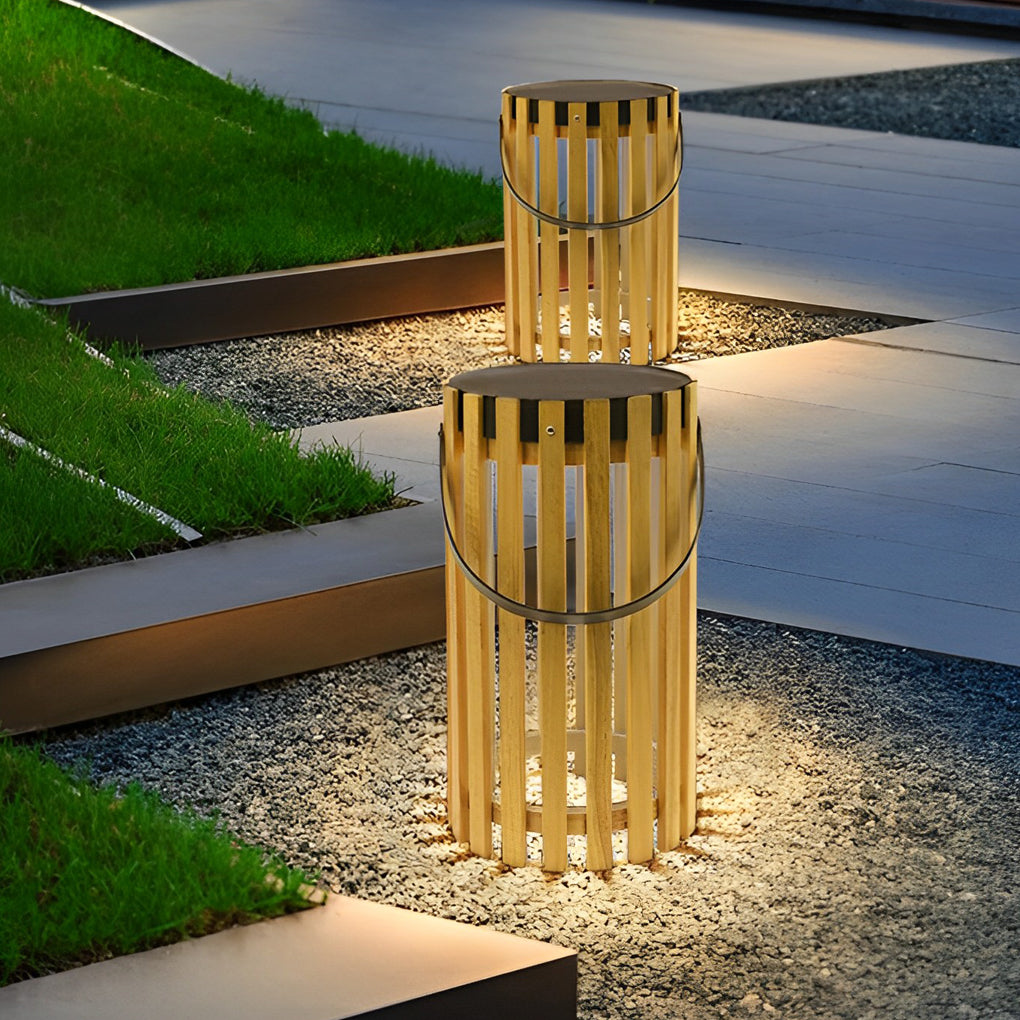 Rustic Modern Solar Portable Lantern — Wood and Aluminum, LED Warm White (3000K), Waterproof, 8" × 12"