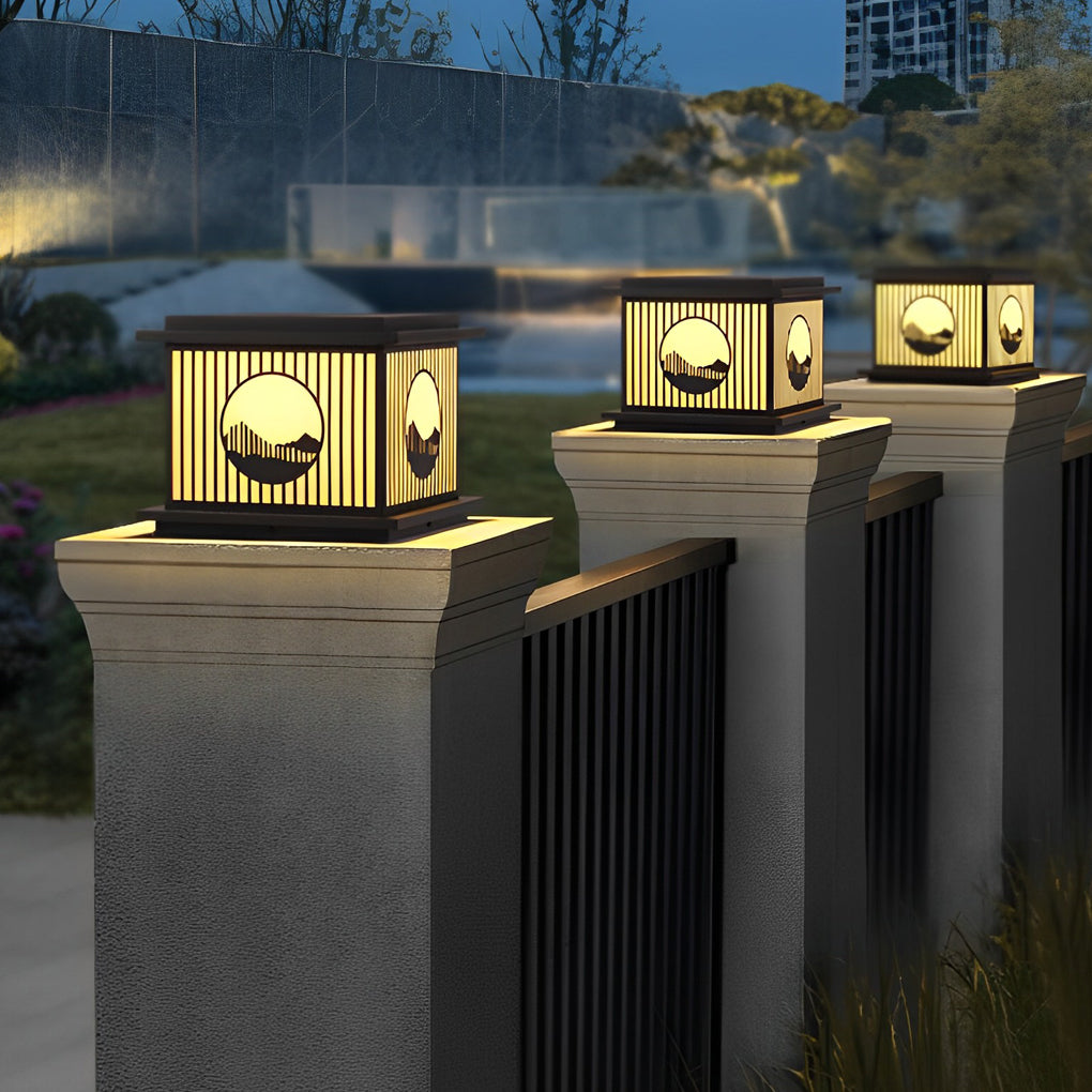 Modern Black Solar Pillar Lamp with Retro Mountain Scenery - Waterproof LED Design