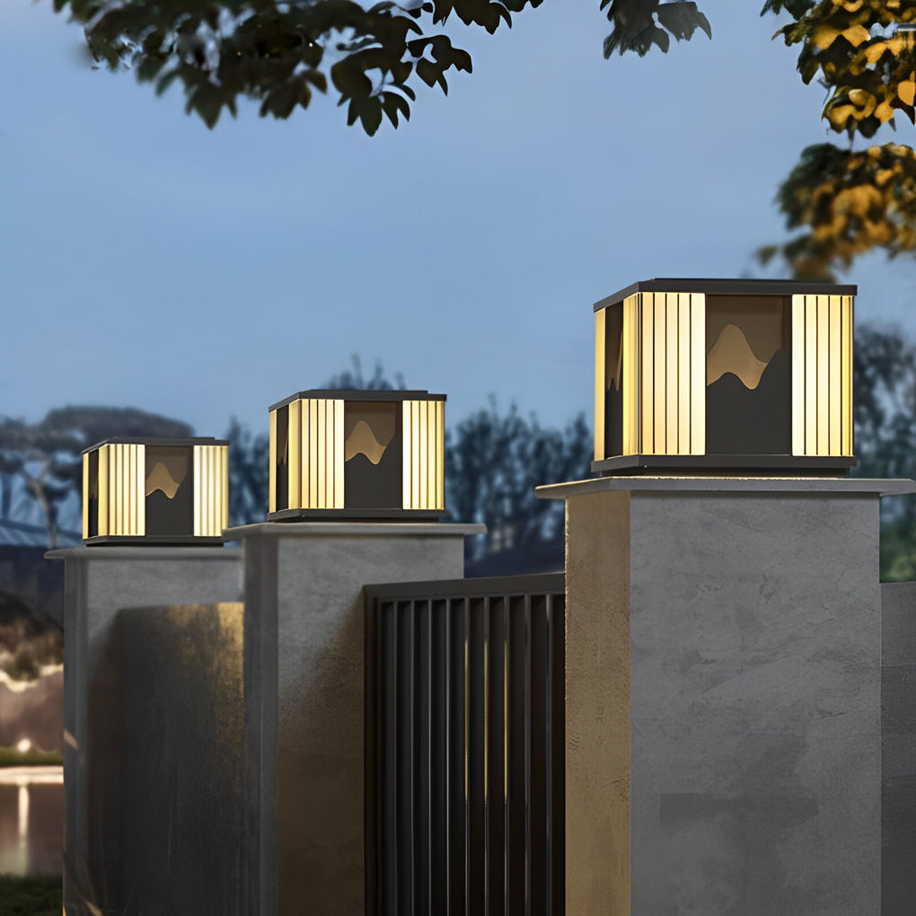 Modern Black Solar / Hardwired Post Cap Light — Stainless Steel, LED Mountain Scenery, IP65, 3000K Warm White