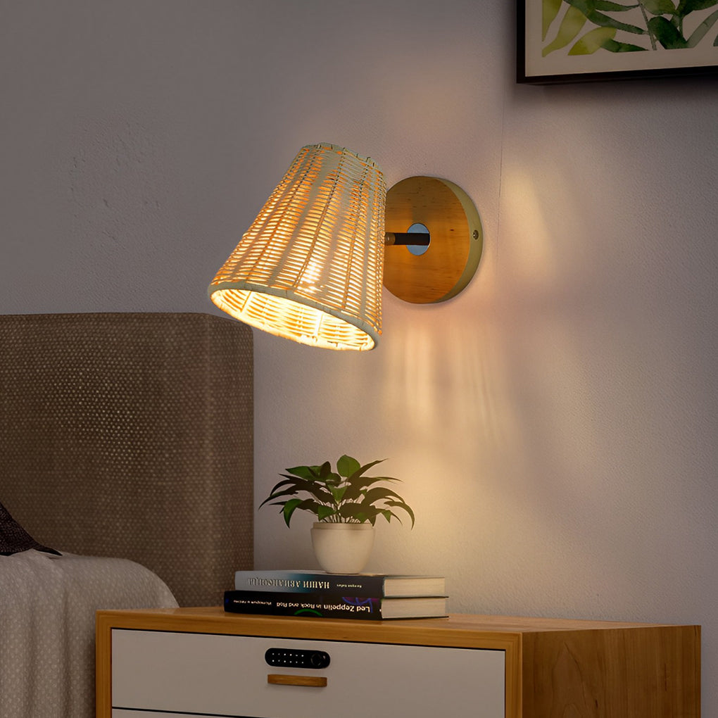 360° Adjustable Hand-Woven Rattan Wall Sconce — Rustic Modern, E26/E27, 6" Diameter
