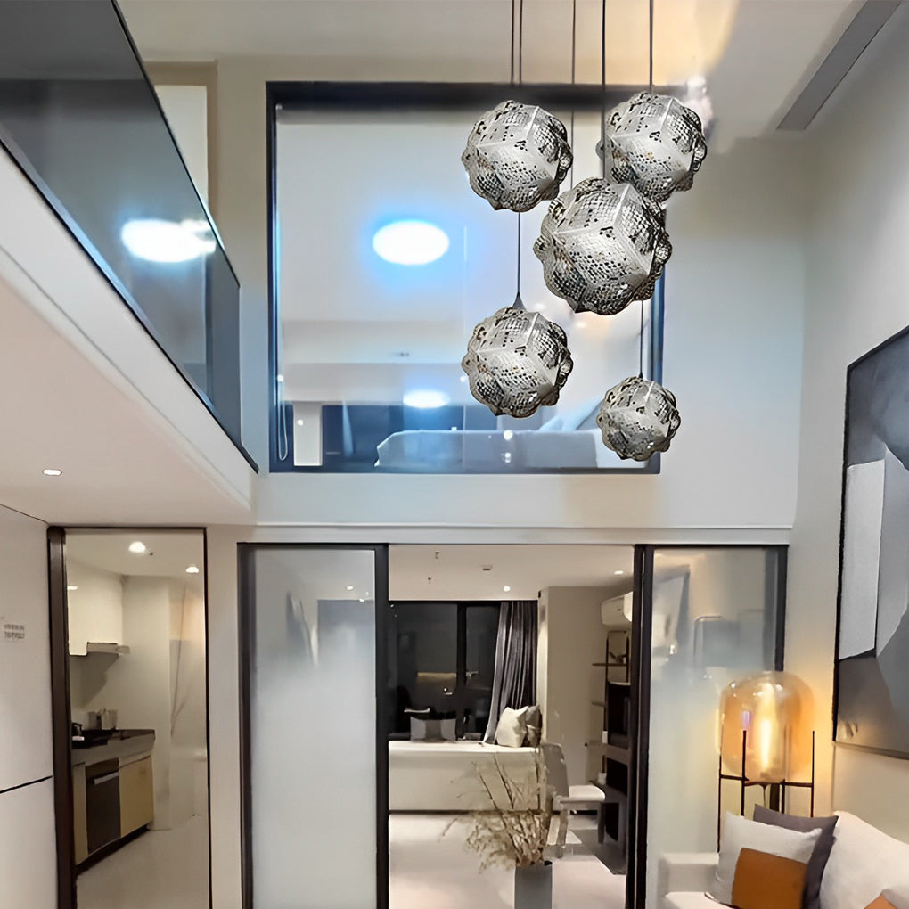 Postmodern Irregular Ball Chandelier — Stainless Steel, 3D Sculptural, Chrome or Gold, 12" or 17"