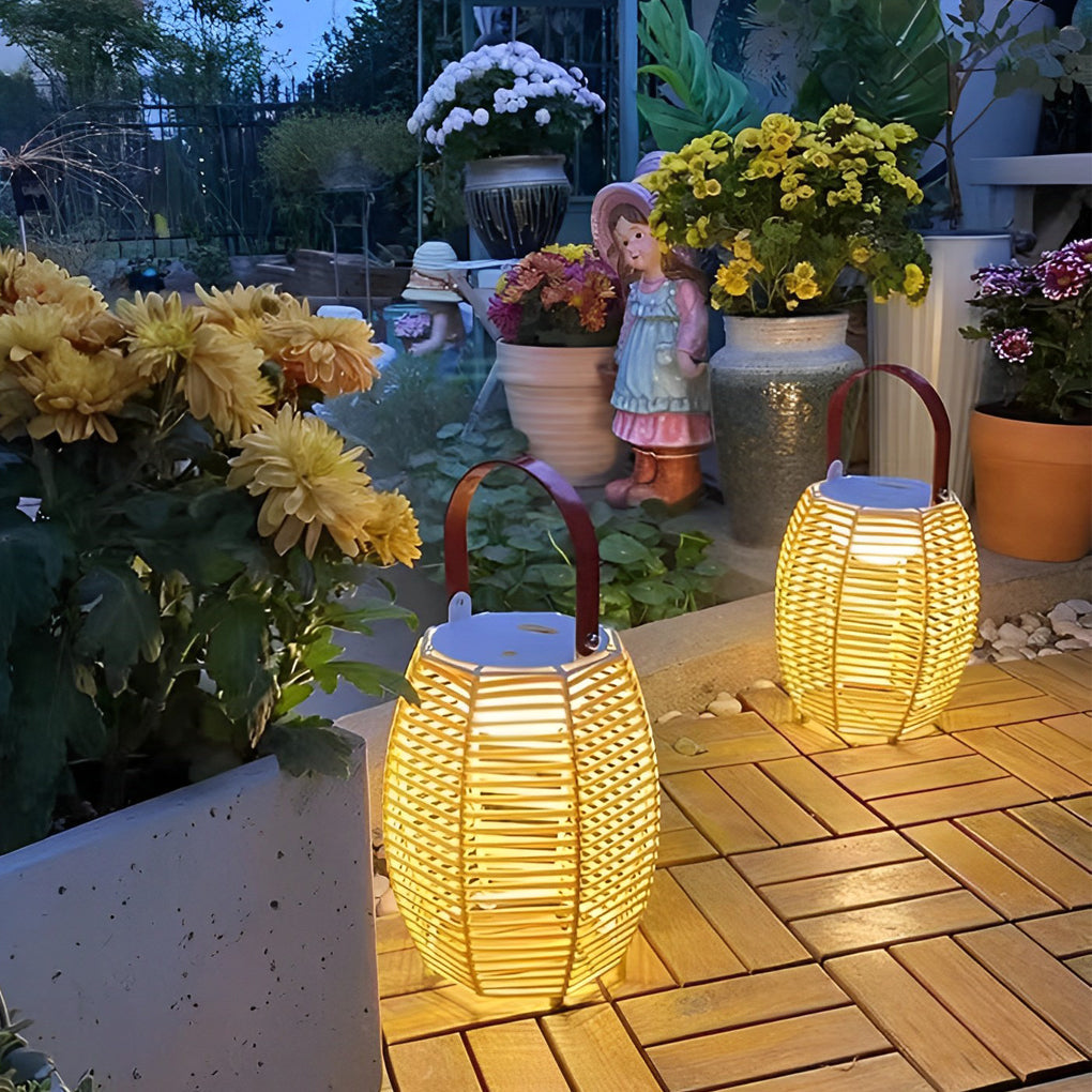 Rustic Modern Solar Outdoor Lantern — Hand-Woven Rattan, LED, IP54 Waterproof, Portable