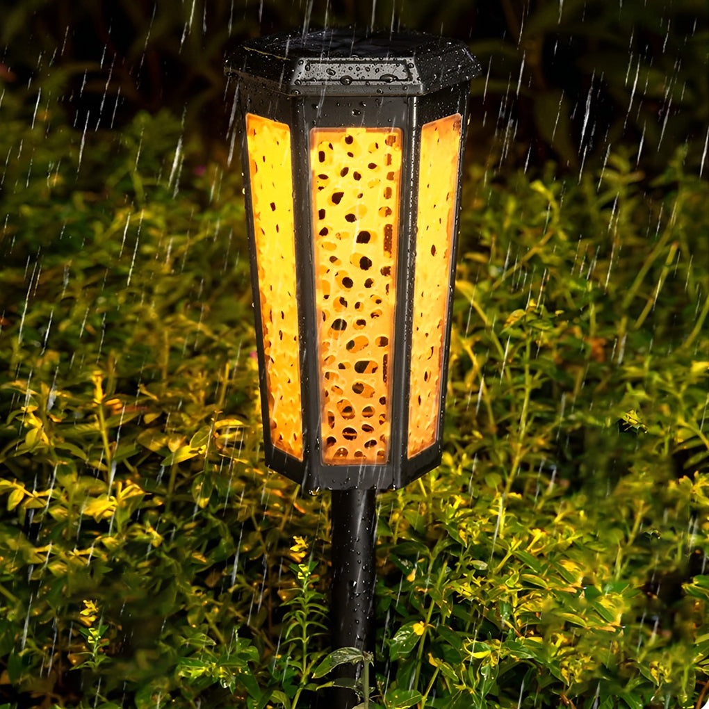RGB Hexagonal Hollow Solar Stake Light — ABS + PC, LED, Dual-Mode Warm White / RGB, IP65 Weatherproof