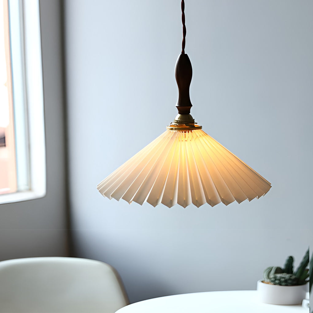 Pleated Mini Pendant or Wall Sconce — Walnut Wood and Copper, LED, 9" or 12" Diameter