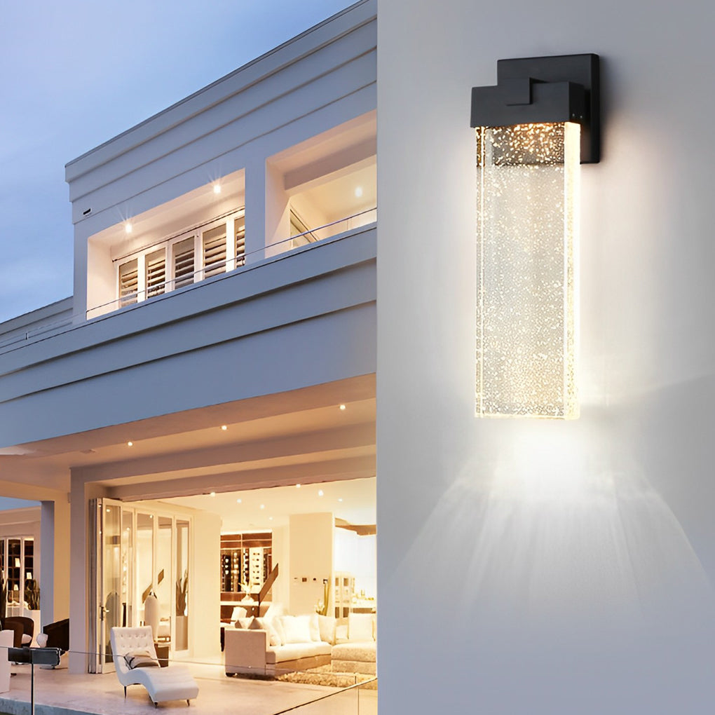 Rectangular Bubble Crystal Outdoor Wall Sconce — Die-Cast Aluminum, LED, 3000K Warm White, 10W / 18W / 24W, IP-Rated Weatherproof