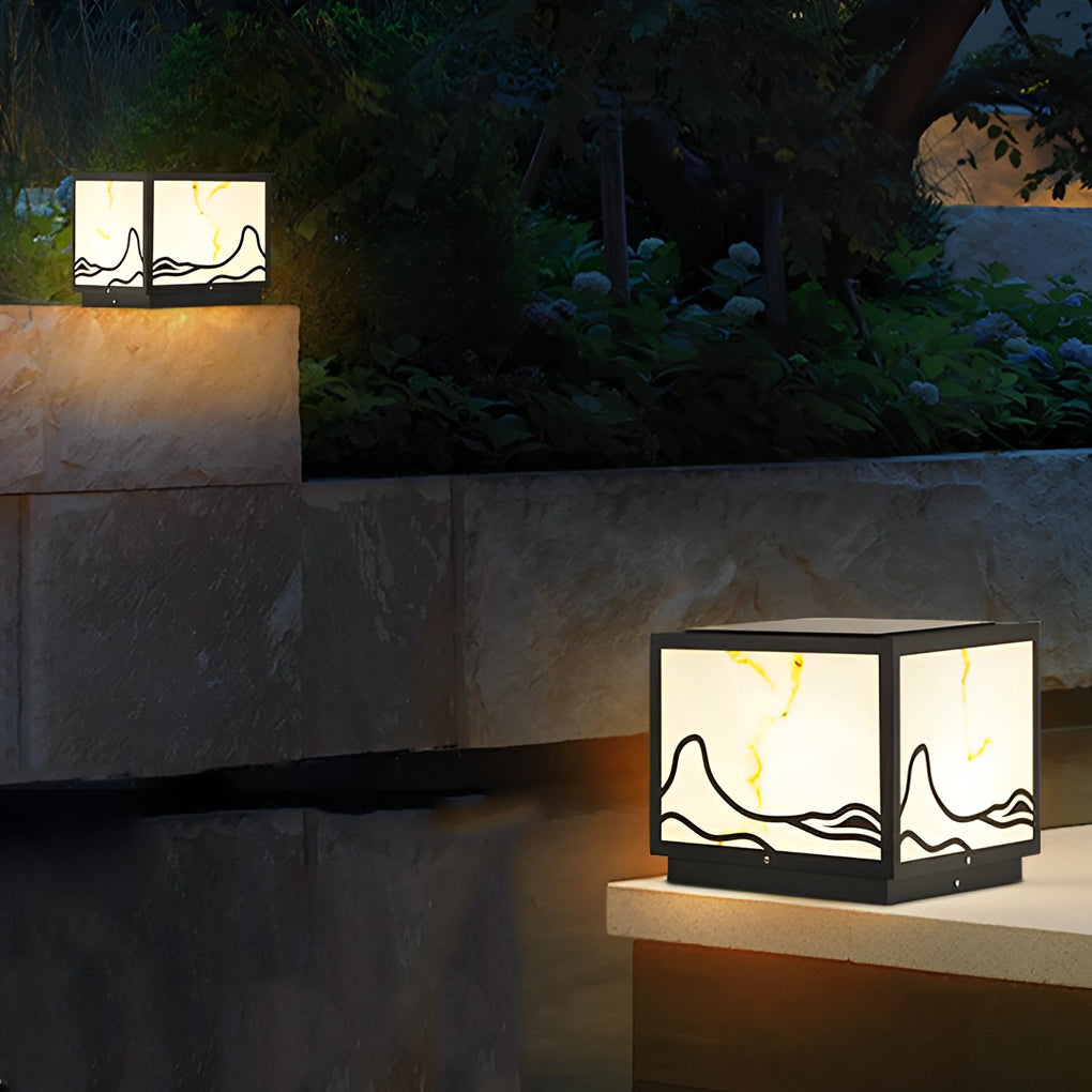 Mountain Scenery Solar Post Cap Light — Stainless Steel and Imitation Marble, LED, IP65, Warm White 3000K, Remote Control