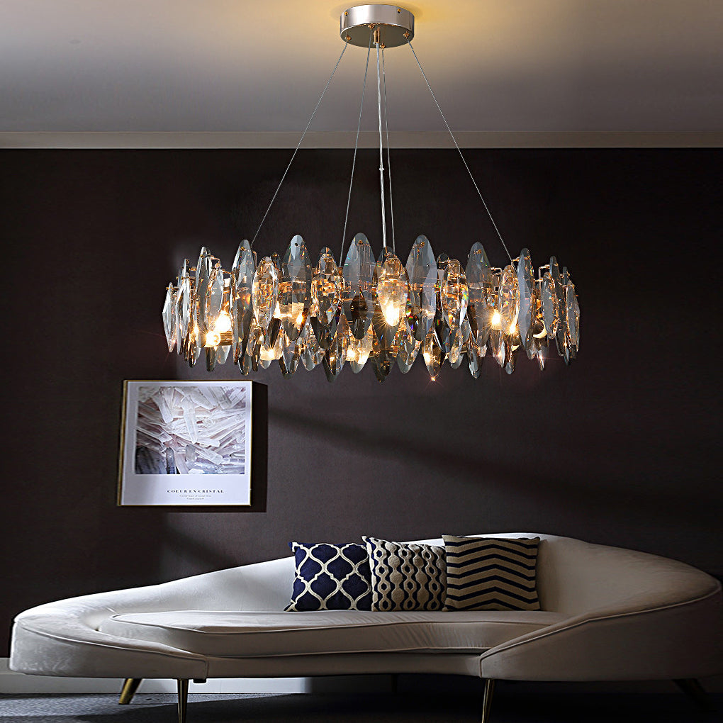 Oval Crystal Chandelier — Smoke Gray & Transparent K9 Crystal, Iron, LED, 3000K Warm White, 20"–39" Diameter