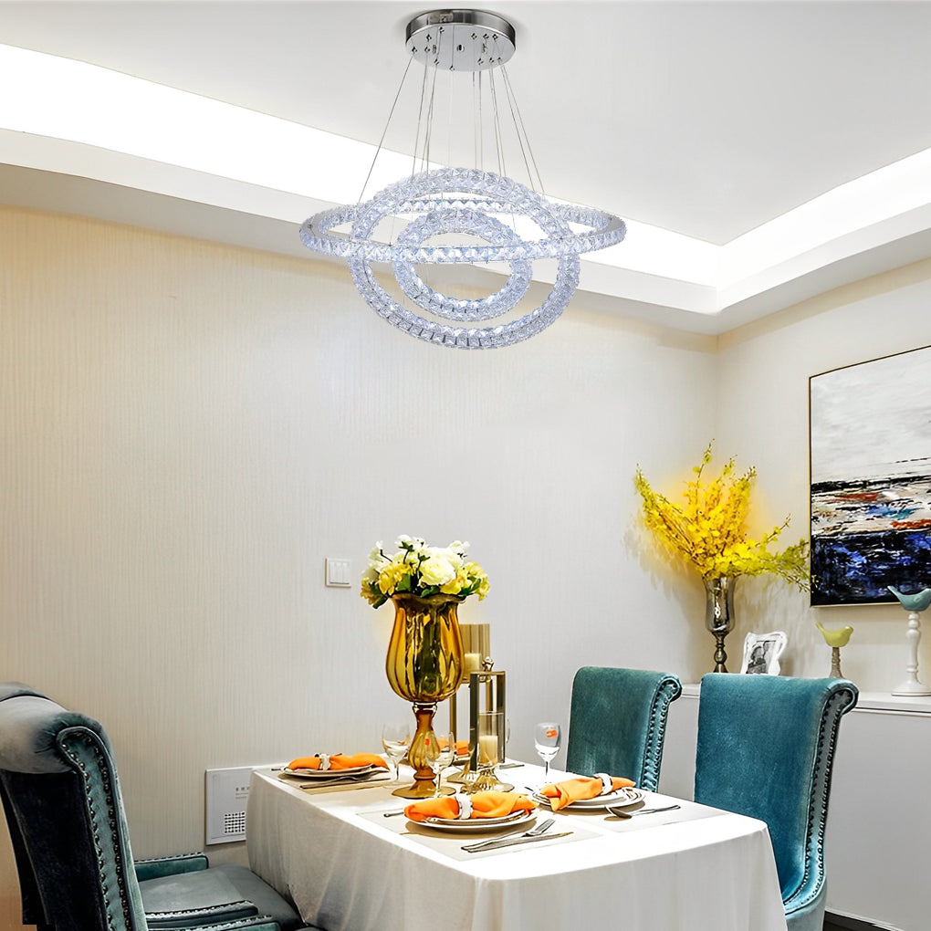 3-Tier Geometric Ring Crystal Chandelier — Chrome, LED, Dimmable, Remote Control, 11.8"+19.7"+27.6" Stacked Tiers