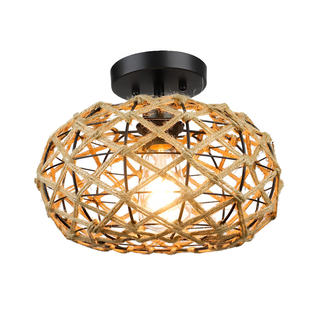 Beige Retro Minimalist Round Hand-Woven Cage Rope Ceiling Light Chandelier