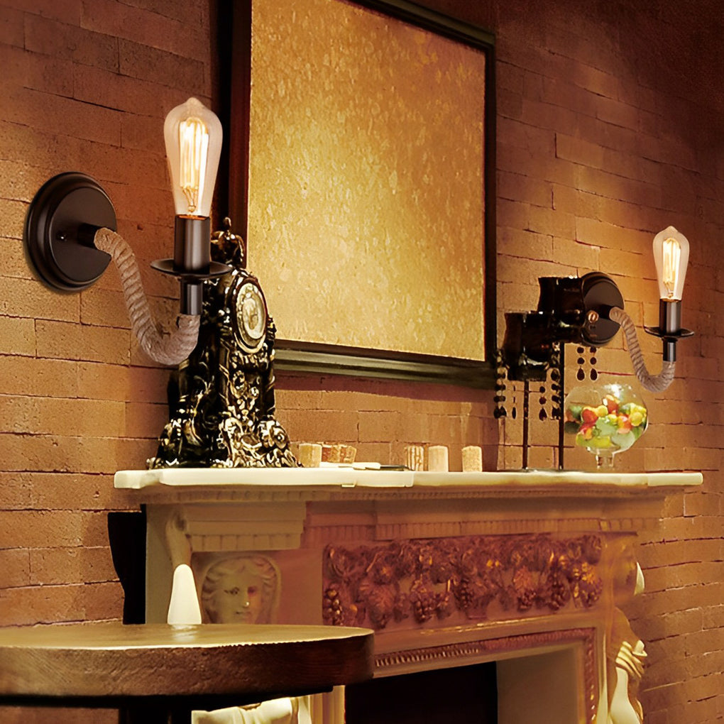 Retro Industrial Wall Sconce — Iron and Rope, E27, 10" × 5" × 6"