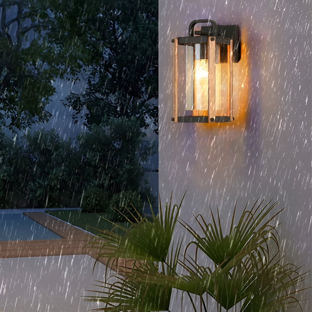 Black Glass Lantern Outdoor Wall Sconce — Die-Cast Aluminum, Industrial, Wood Grain Finish, 3200K