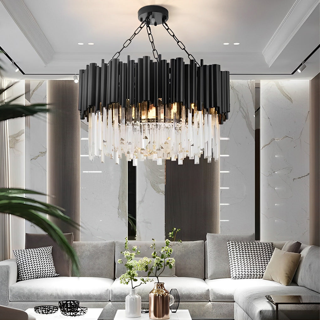 Circular Crystal Chandelier — Black Metal, Postmodern, LED 3000K, 24" or 31"
