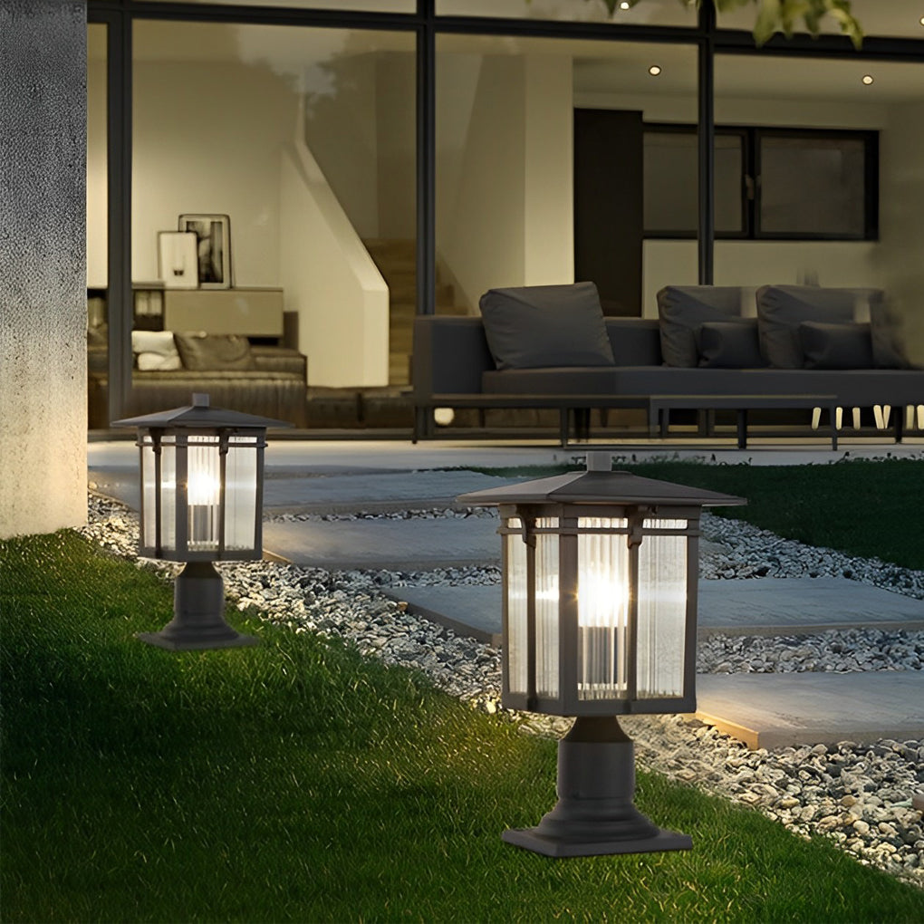 Modern Industrial Outdoor Post Light — Black Die-Cast Aluminum, Striped Glass Shade, E27 LED, IP23 Waterproof