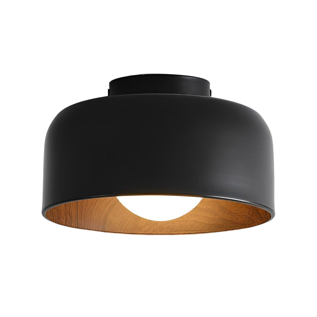 Bowl-Shaped LED Flush-Mount Ceiling Light — Iron and Glass, Imitation Wood Texture, 13.8", 3000K Warm White