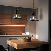 Industrial Semicircular Bowl Pendant Chandelier — Black Iron and Transparent Glass, 16" Diameter