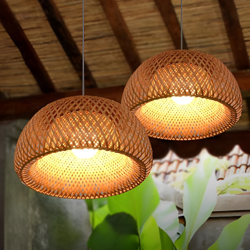Hand-Woven Bamboo Lantern Chandelier — Rustic Modern, E27, Three-Step Dimming (3000K/4500K/6000K), 12"–18" Options