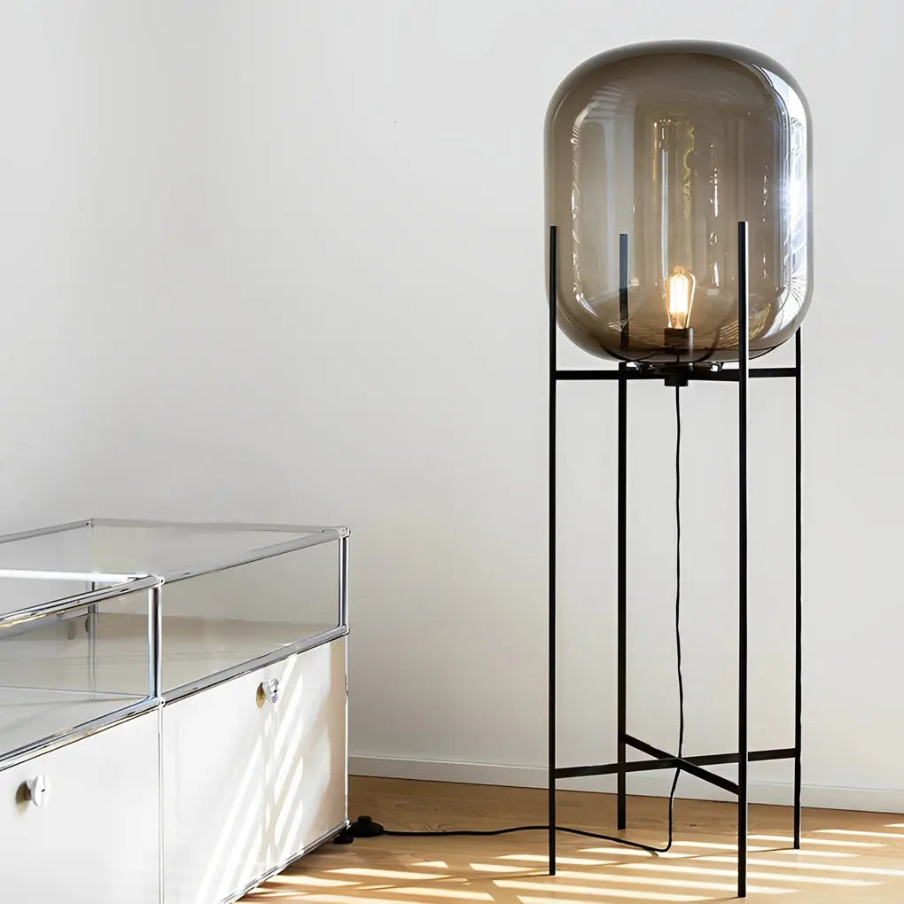Industrial Floor Lamp with Standing Metal Base and Hand-Blown Glass Shade Luxe