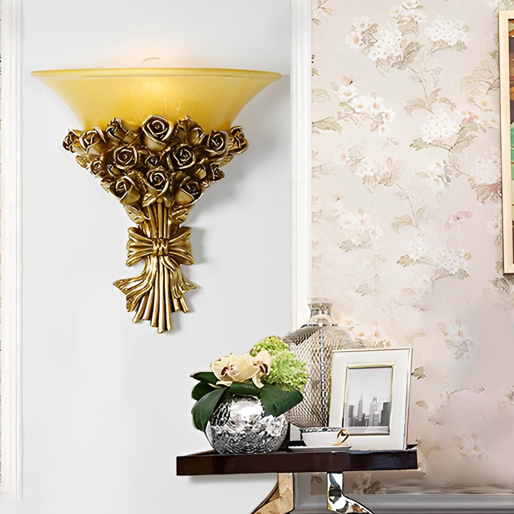 Resin Roses Bouquet Wall Sconce — Glass Shade, Gold or White, E27, 3000K, 12.2" × 12.6"
