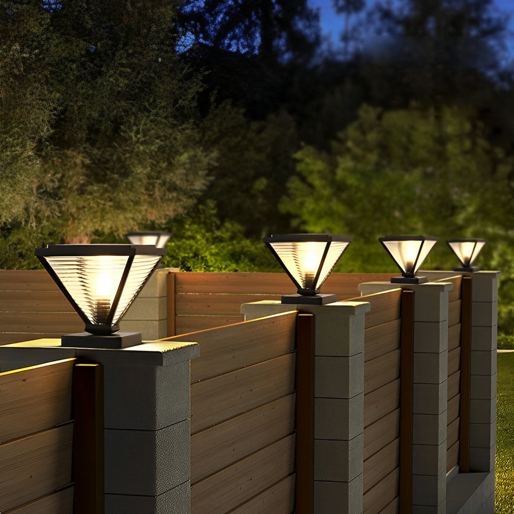 Geometric Solar Fence Post Light — Stainless Steel and Glass, Black, LED 3000K, IP-Rated Weatherproof