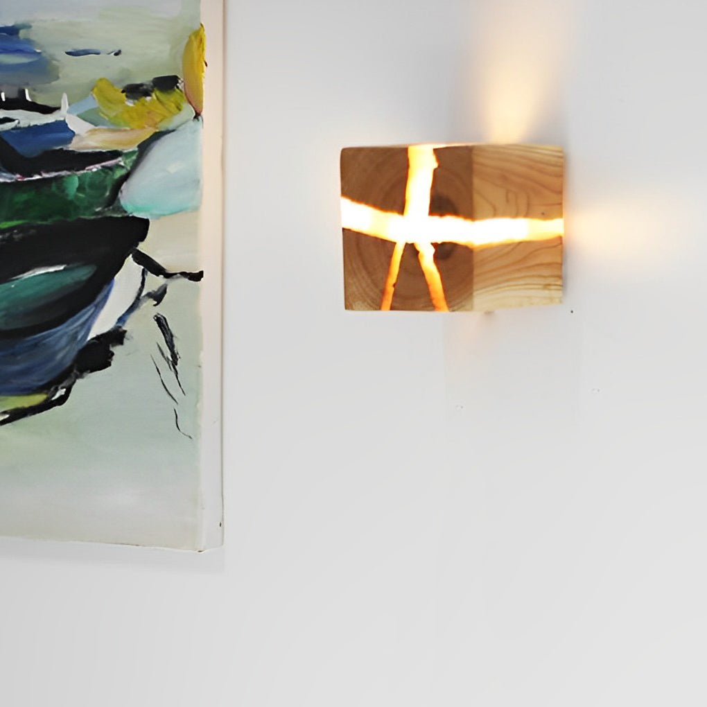 Square Cracked Wood Grain Wall Sconce — Wood and Resin, G4, Warm White 3000K, Rustic Modern