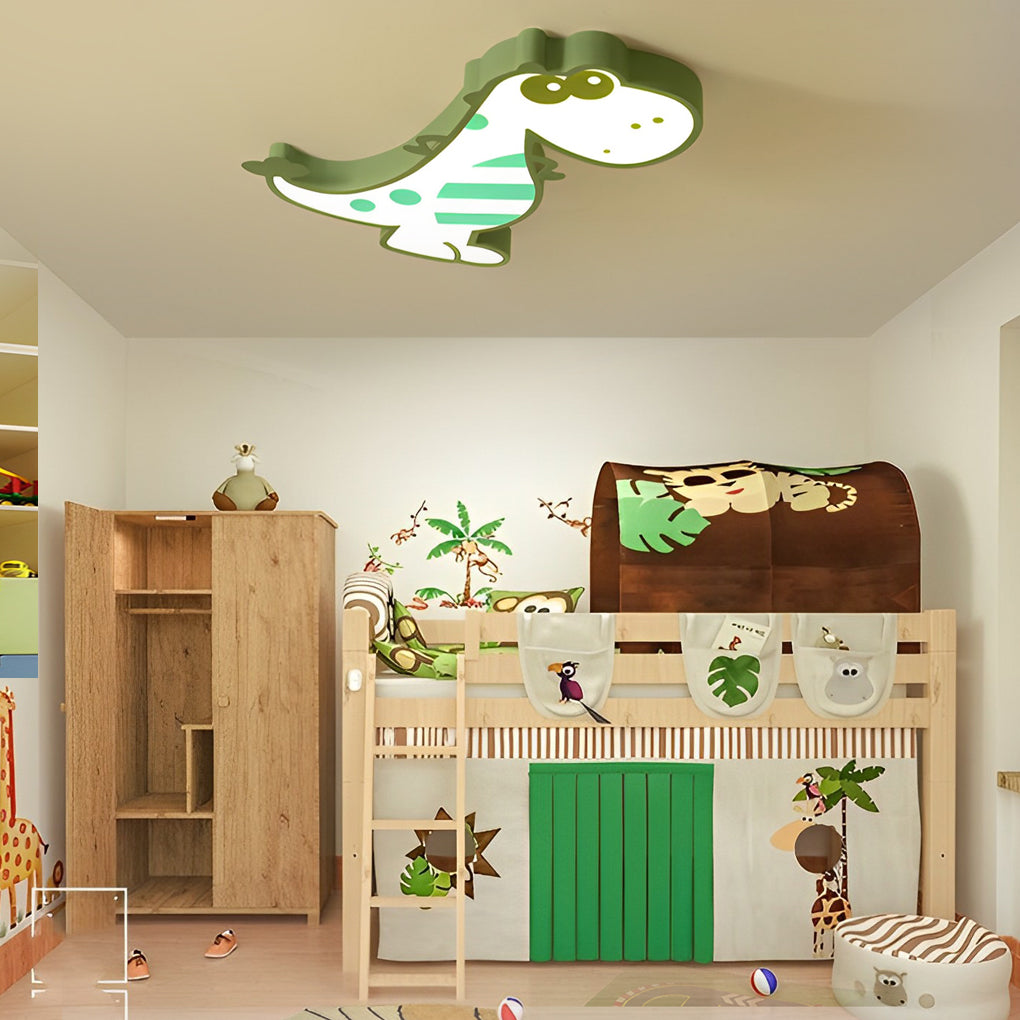 Cartoon Dinosaur LED Flush-Mount Ceiling Light — Metal, Dimmable with Remote, Pink or Green, 24" × 22"