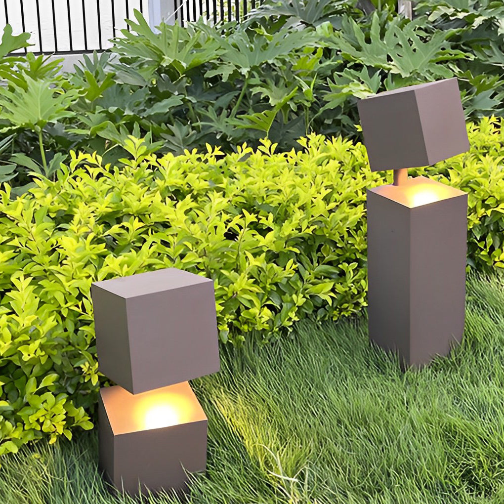 Geometric Double-Cube Solar Bollard Light — Black Aluminum, LED 3000K, IP65, 14.6" or 24.2"