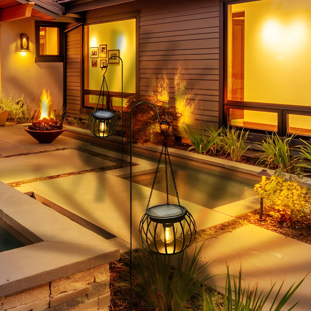 Pumpkin Solar Outdoor Lanterns, Set of 2 — Black Iron & ABS, LED, IP65, 7" Diameter, 12-Hour Runtime