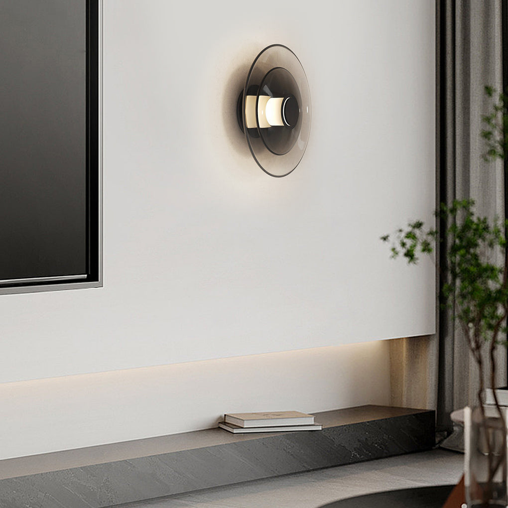 Double-Layer Round Glass Wall Sconce — Electroplated Metal, LED, 3000K Warm White, Hardwired