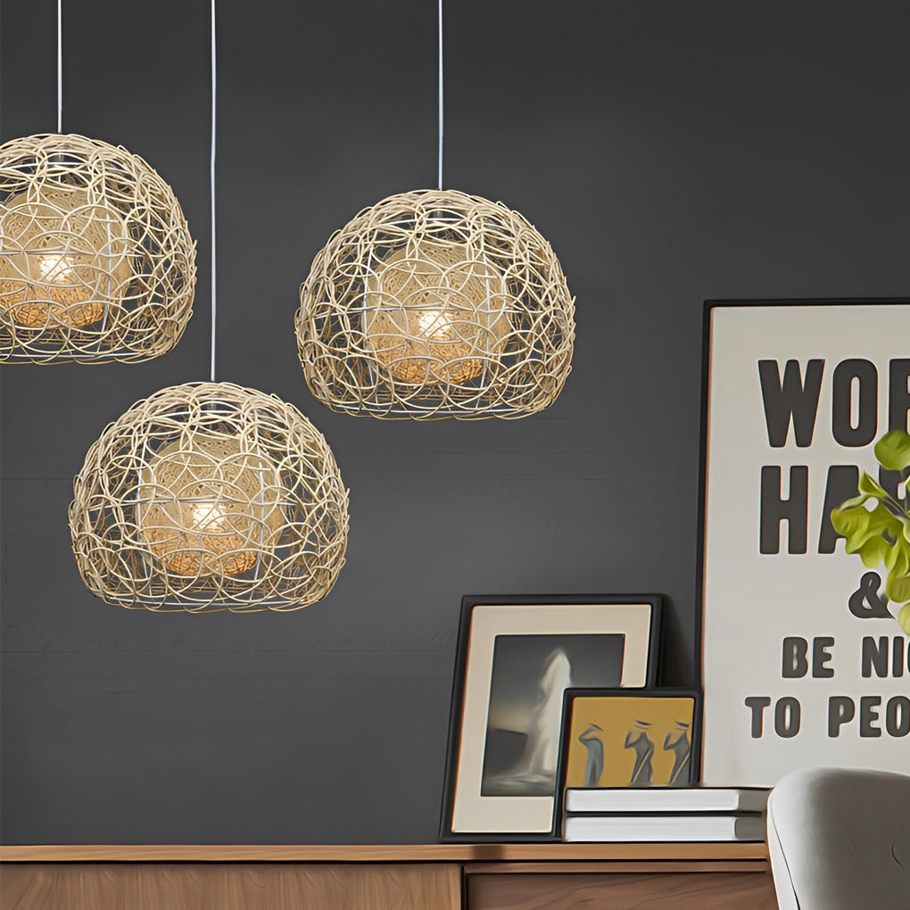 Double-Layer Round Rattan Ball Pendant — Modern Farmhouse, E27, 12"/16"/20", 59" Adjustable Wire