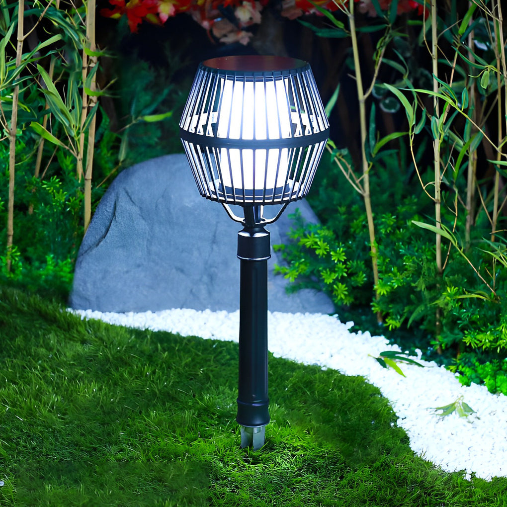 Caged Solar Outdoor Path Lantern — Matte Black Die-Cast Aluminum, COB LED, Warm White 3000K, Solar / Electric, Weatherproof