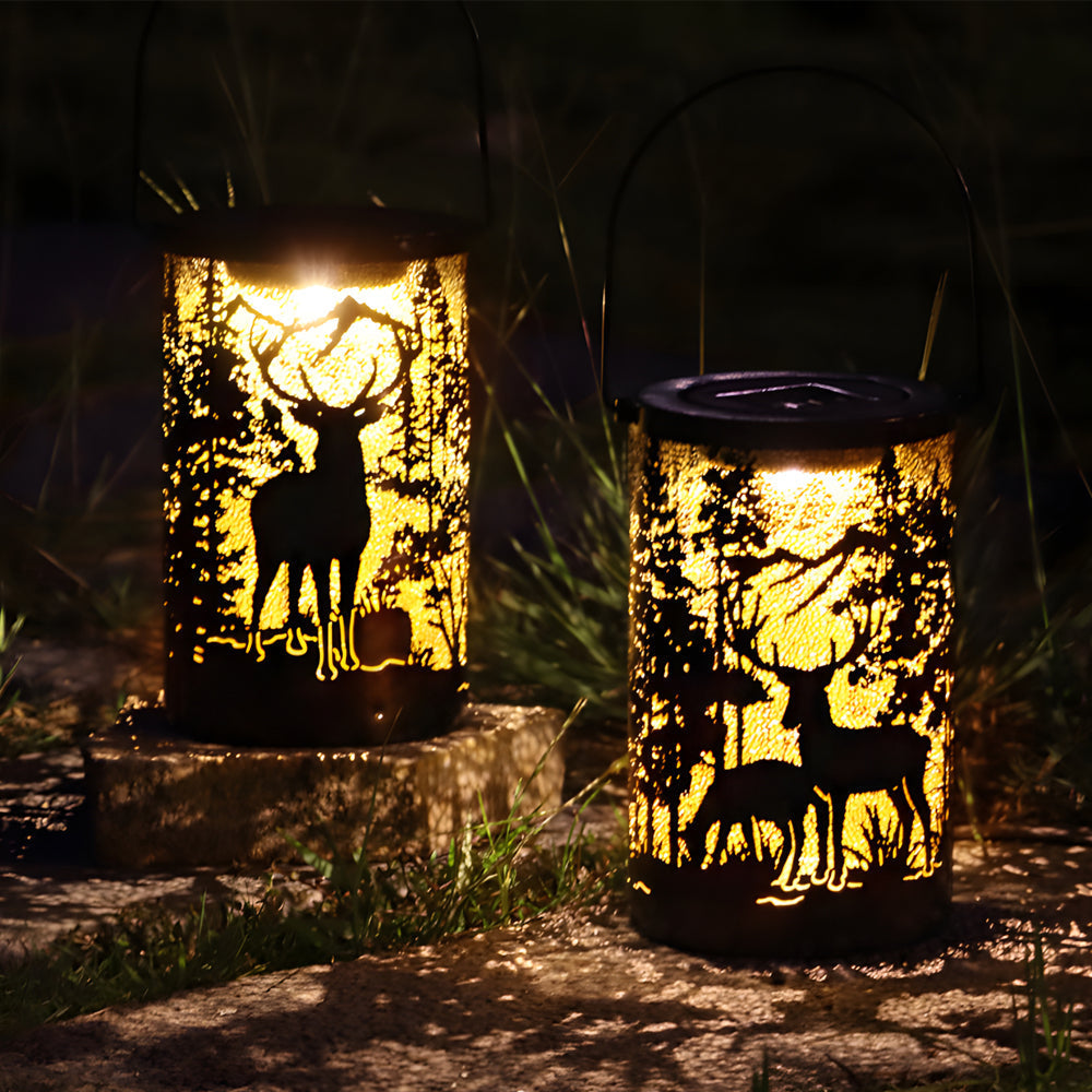 Iron Hollow Deer Silhouette Hanging Solar Lantern — Black, LED, IP65 Weatherproof, Warm White 3000K