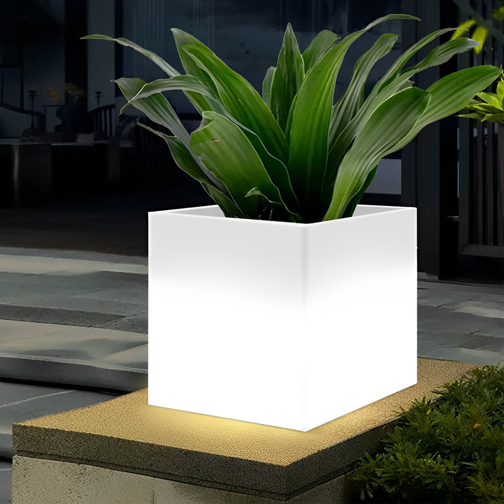 Square Solar Flower Pot Light — PE, LED Warm White 3000K, IP65 Weatherproof, 15.7" × 15.7"