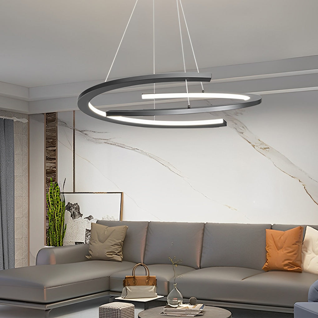 Modern Black Semi-Circular Chandelier — Aluminum & Acrylic, 2-Light LED, 3-Step Dimming, 24"