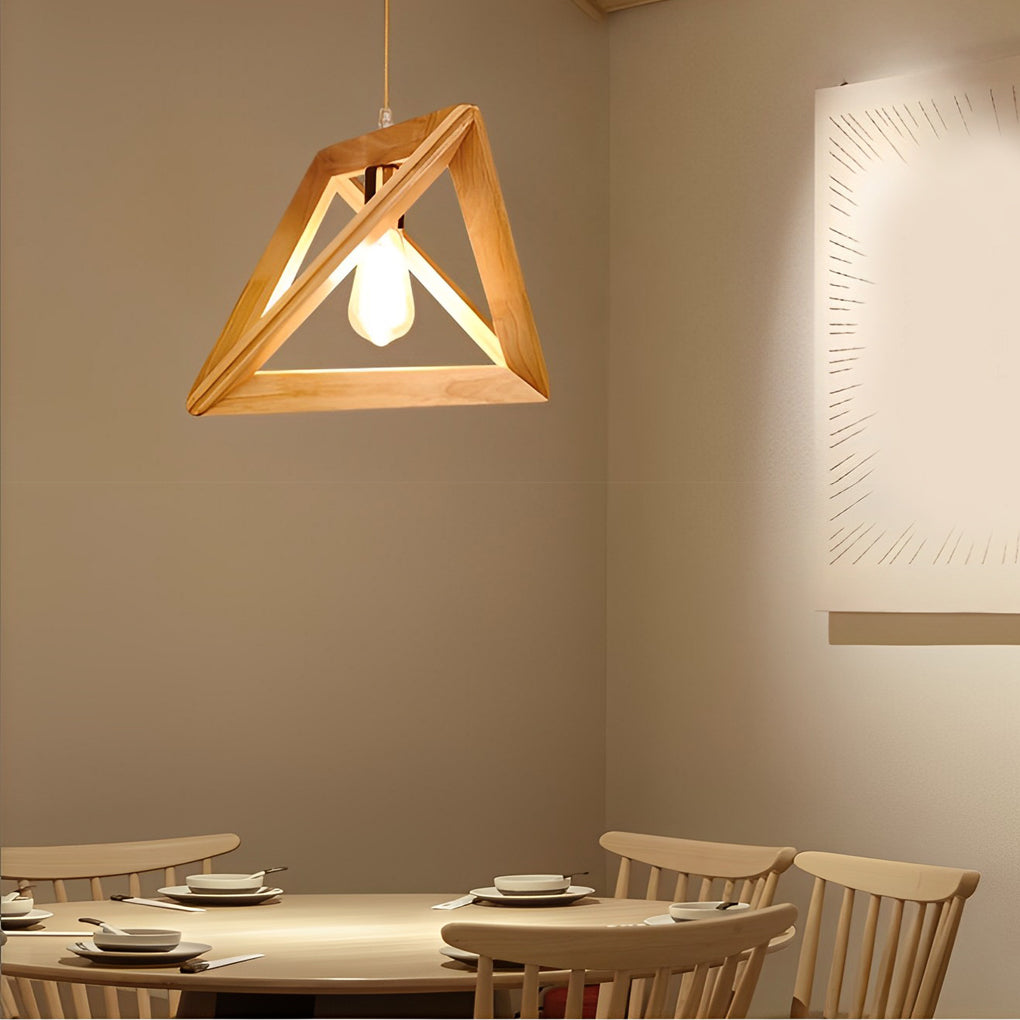 Geometric Wood Frame Pendant Light — Rustic Modern, E27, Adjustable 59" Cord