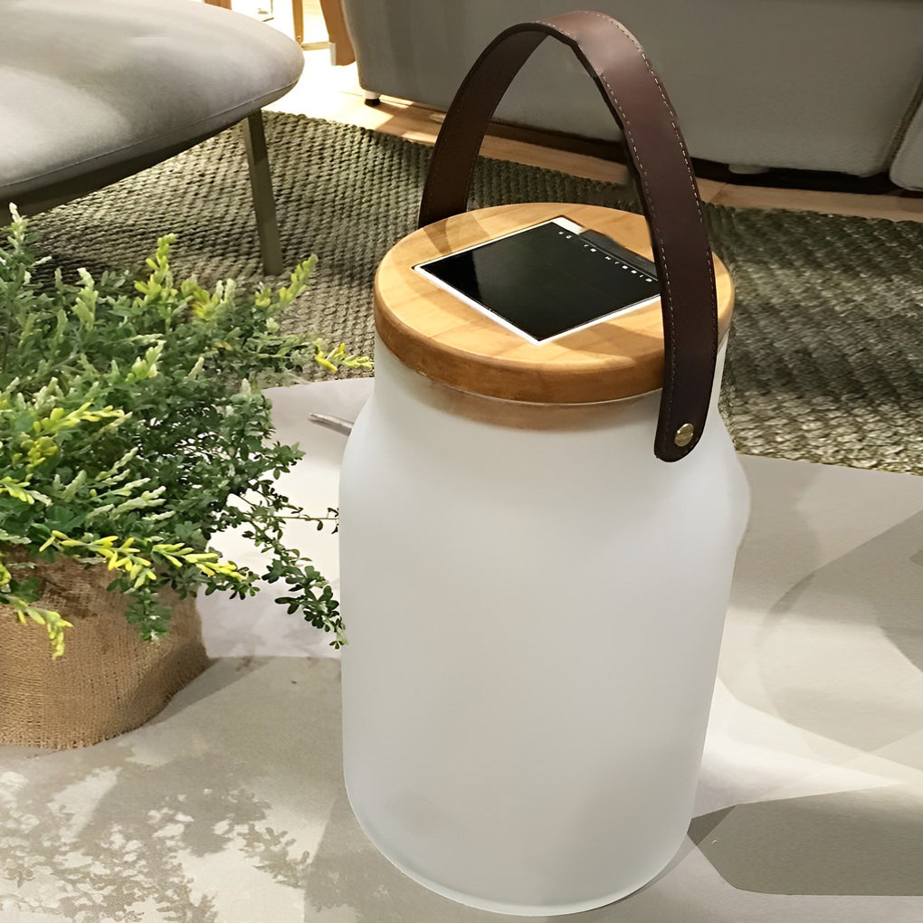 Bottle Jar Solar Portable Lantern — Glass and Teak Wood, LED Waterproof, 9" × 15", White