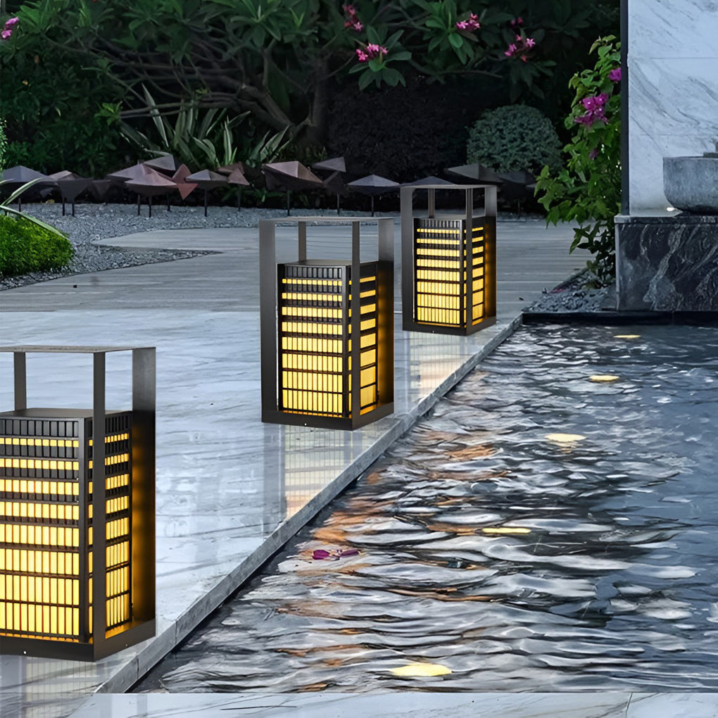Cuboid Industrial LED Outdoor Pathway Lantern — Black, Galvanized Steel and Faux Marble, IP55 Weatherproof