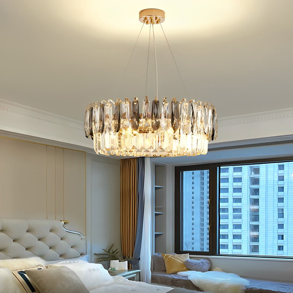 Modern Double-Layer Round Crystal Chandelier — Gold Electroplated Metal, Raindrop Crystal, Adjustable Height, 20"–39" Diameter