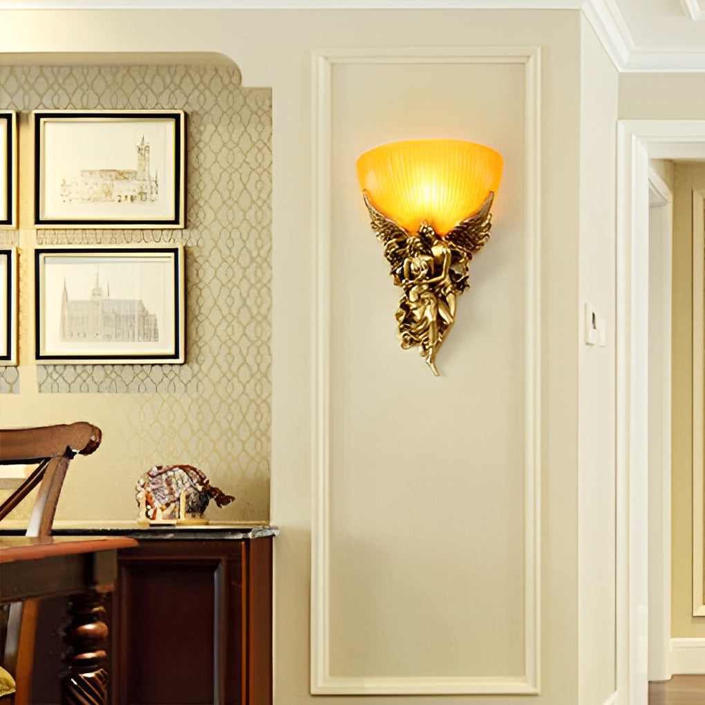 Retro 3D Angel Sculpture Wall Sconce — Resin and Glass, E27, 3000K Warm White, 9.6" × 14.6"