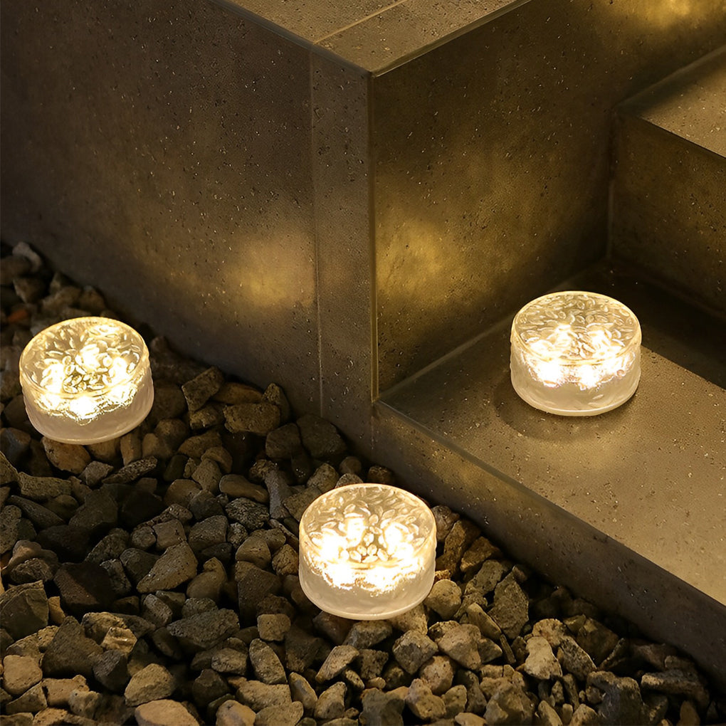 Round Ice Brick Solar Step Lights, Set of 4 — Acrylic, LED, IP65 Weatherproof, Warm White / Daylight