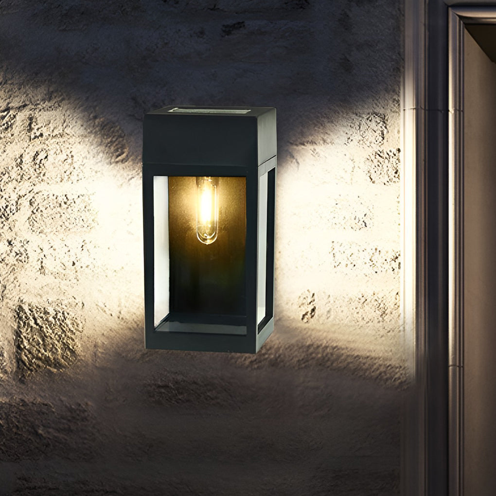 Rectangular Glass Solar Outdoor Wall Sconce — Black, LED, Light-Control Auto On/Off, Waterproof, 2800–3200K