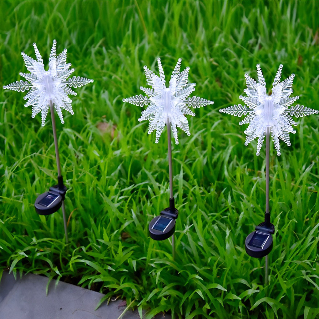 Snowflake Solar Lawn Lights, 2-Pack — Acrylic & Stainless Steel, LED Warm White, IP65, 8" Diameter