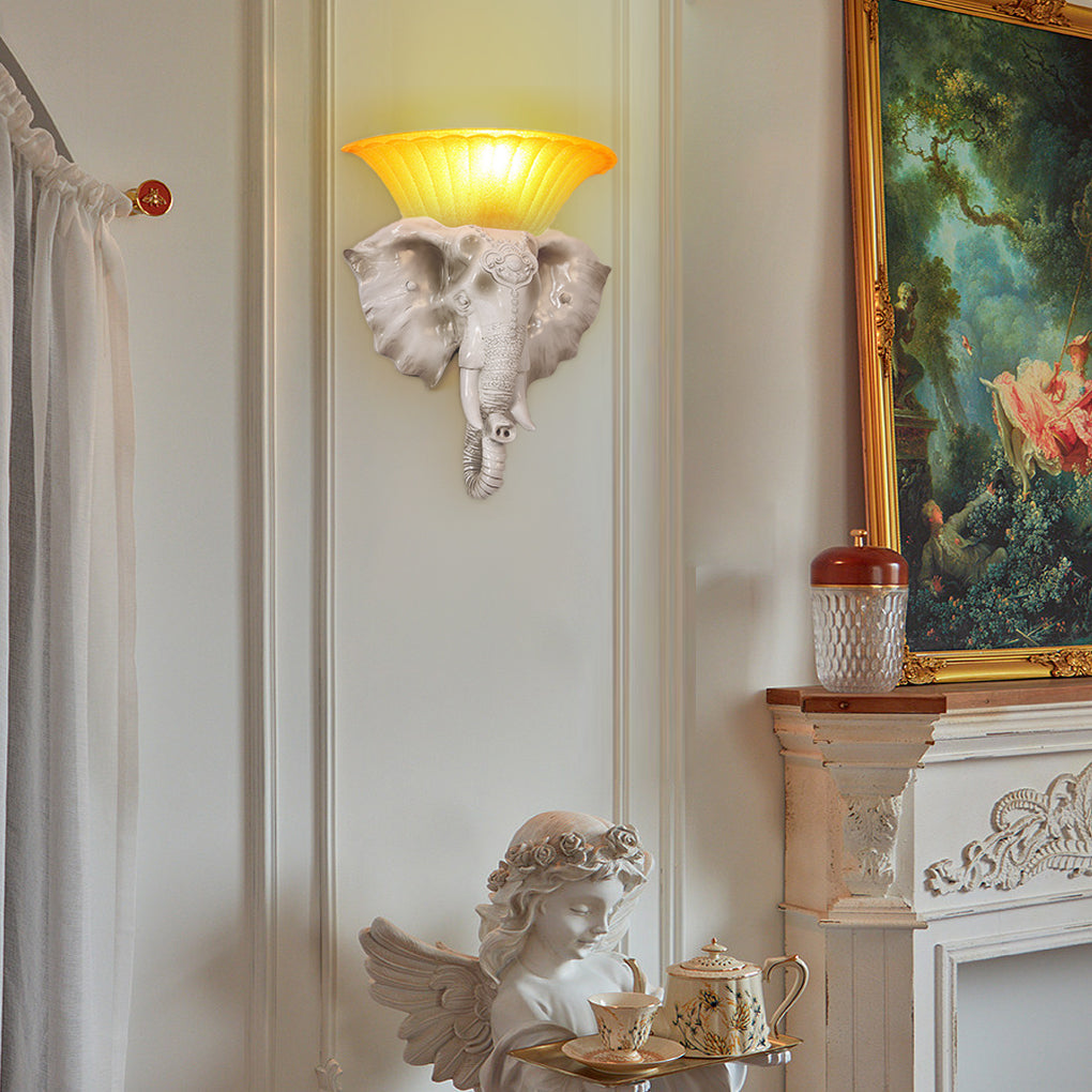 Elephant-Shape Diffused Wall Sconce — Resin and Glass, E27, 3000K Warm White, 14.2" × 16.5"