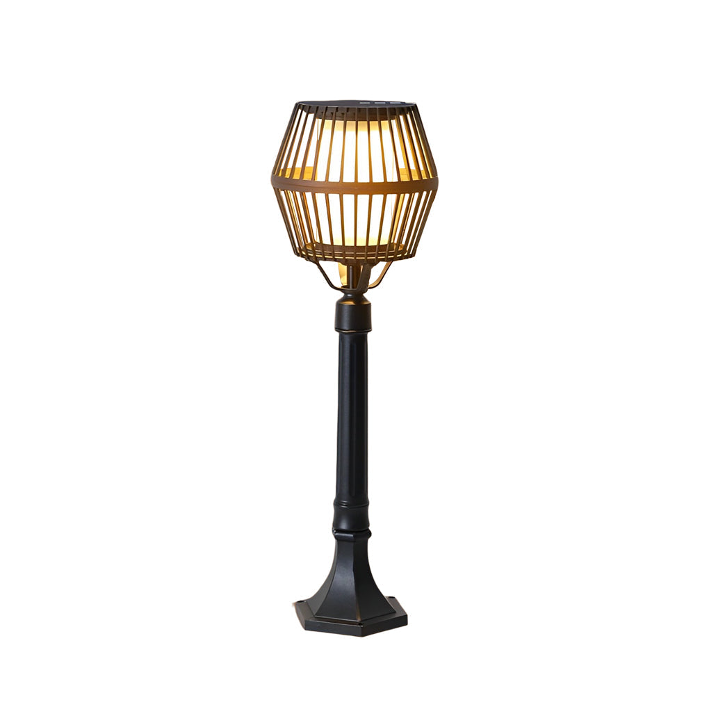 Caged Solar Outdoor Path Lantern — Matte Black Die-Cast Aluminum, COB LED, Warm White 3000K, Solar / Electric, Weatherproof