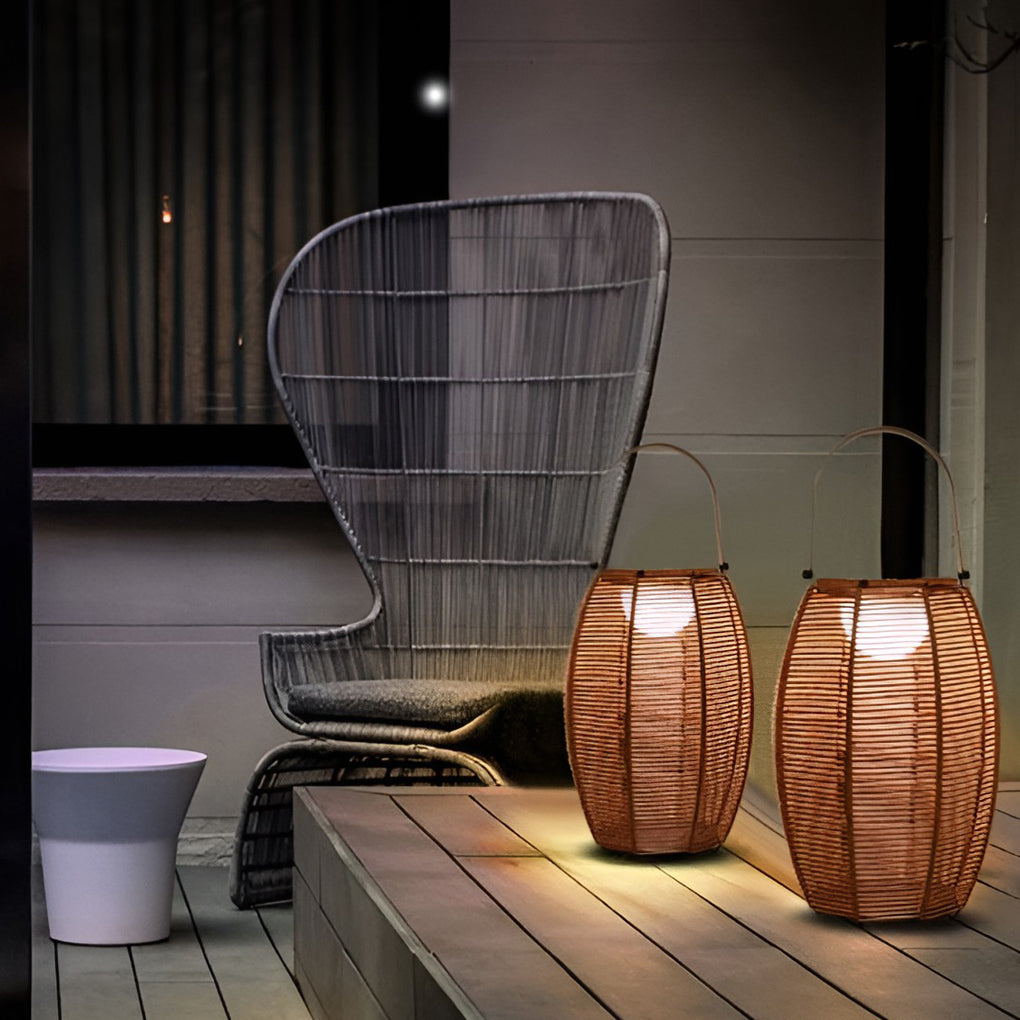 Rattan Lantern Portable Outdoor Floor Lamp — Solar LED, IP65 Weatherproof, 11" × 16", Motion Sensor