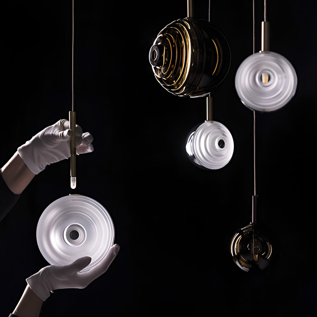 Modern Round Glass Mini Pendant — Iron, Smoke Gray or Transparent, Kitchen Island / Dining