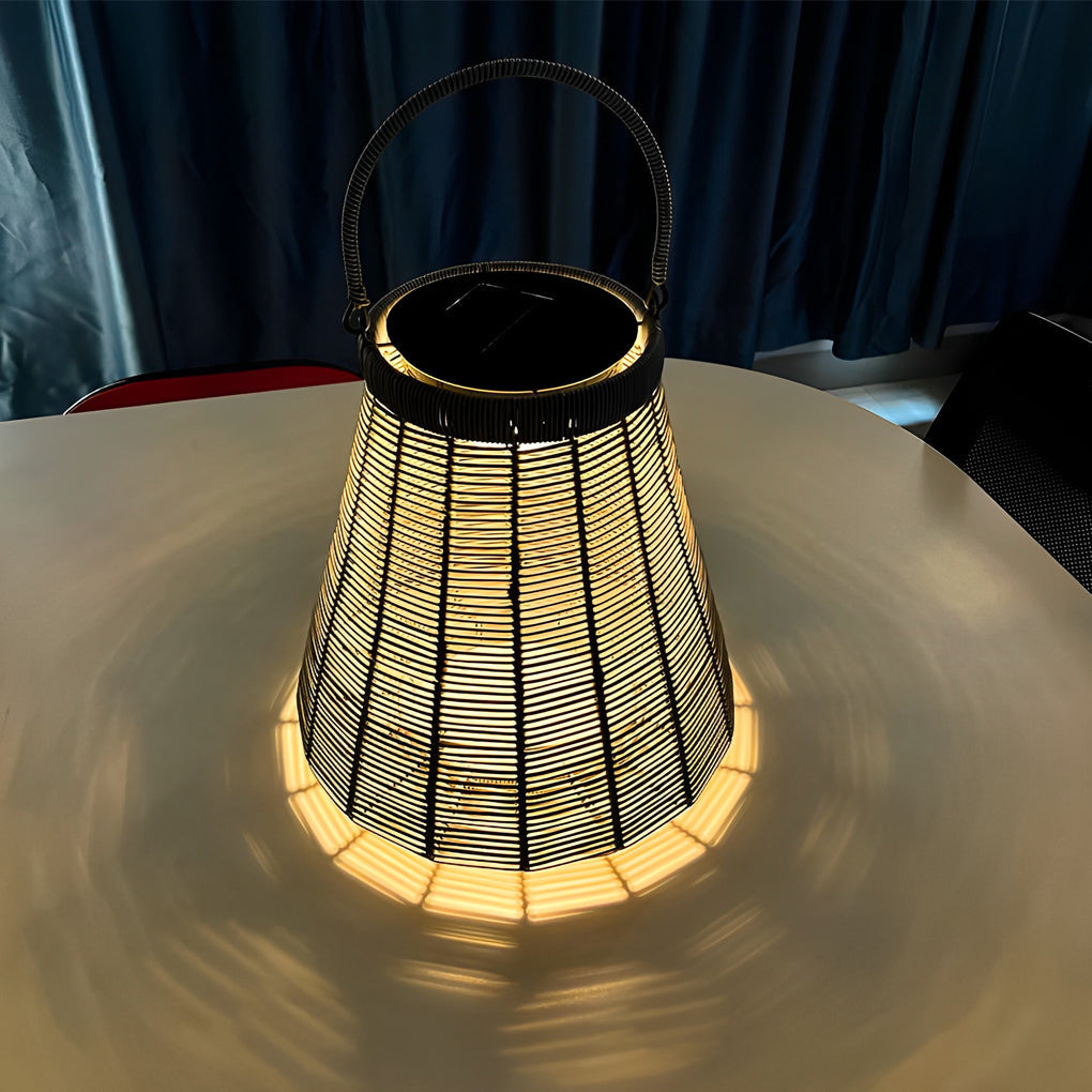 Retro Solar Outdoor Lantern — Iron and Rattan, LED, IP65 Weatherproof, 13" × 14"
