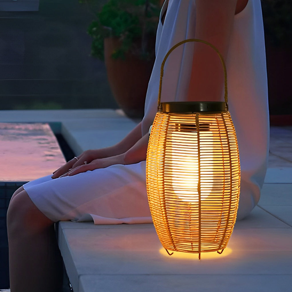 Hand-Woven Rattan Solar Portable Lantern Floor Lamp — Iron, LED, IP65 Weatherproof, 4500K