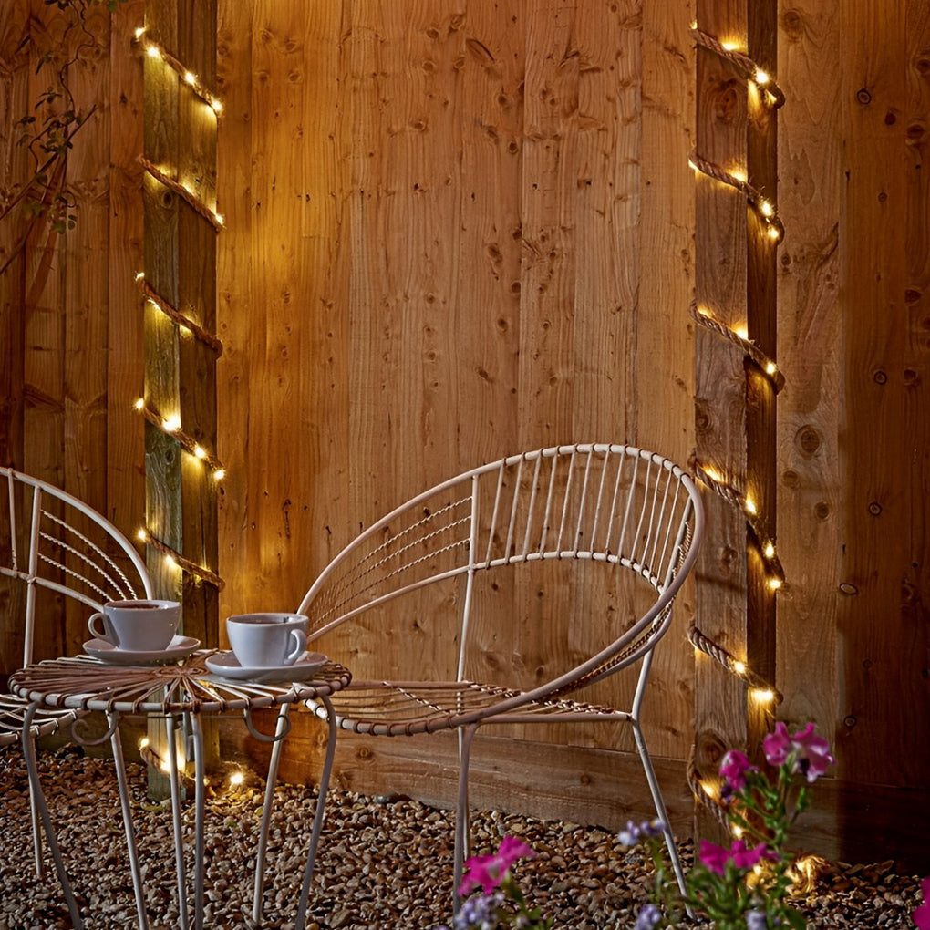 Hemp Rope LED String Lights — Solar or Battery-Powered, Warm White, 100-Light / 16.4 Ft or 200-Light / 32.8 Ft