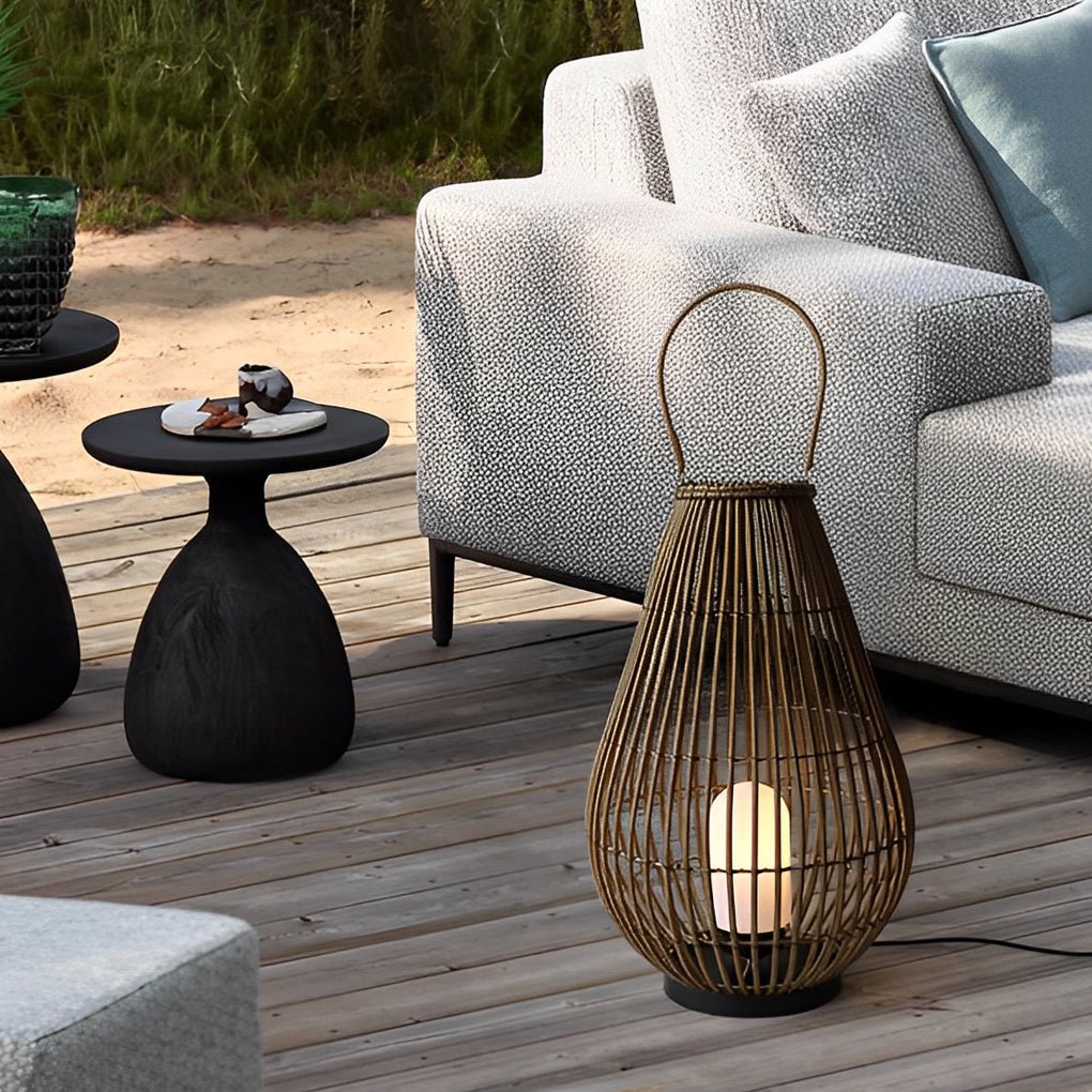 Modern Retro Portable Outdoor Lantern — Hand-Woven Rattan and Iron, E27, 13.8" × 20.9", Waterproof